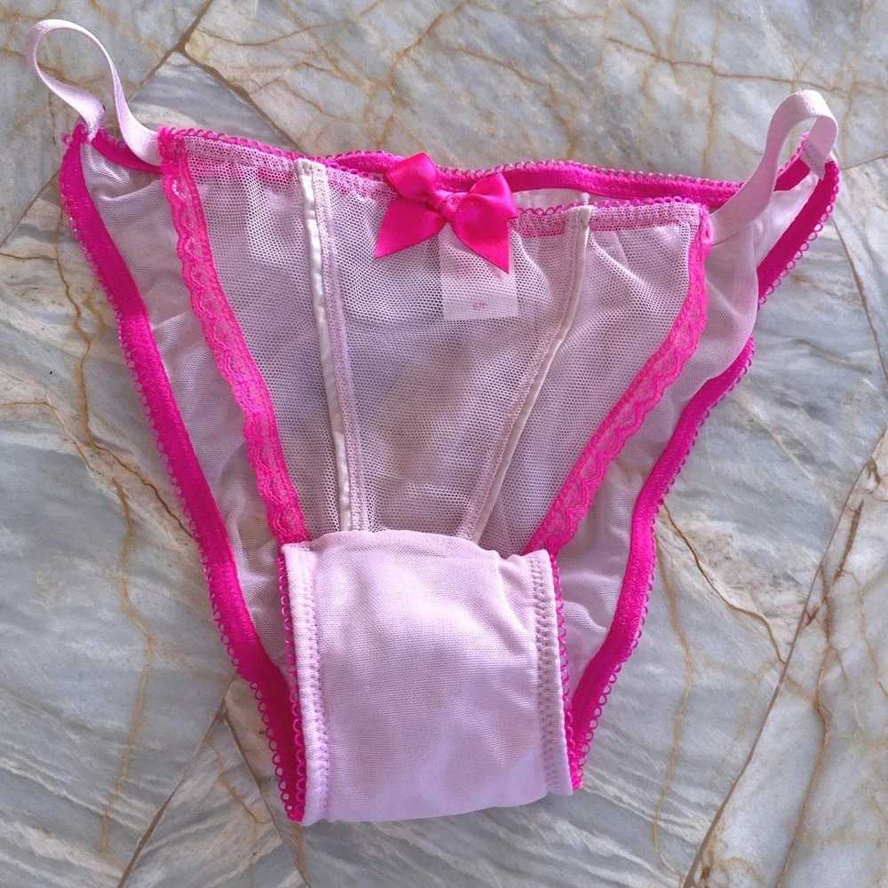 Victorias Secret Pink Mesh Lace Bikini Panty Adjustable Straps Bow 2012 Vintage